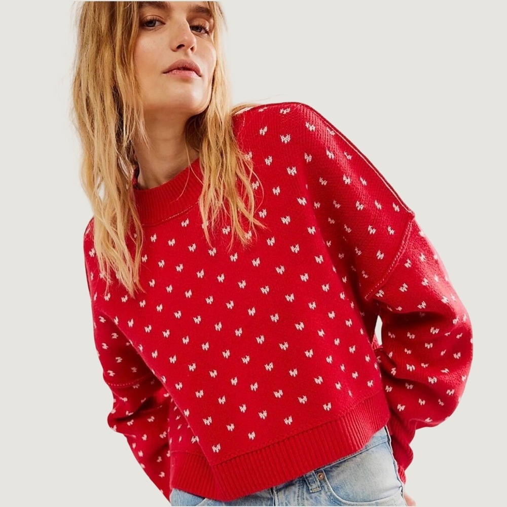 NWT Free People Easy Street Red Heart Knit Boxy Oversized Sweater S Winter Ski